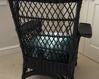 Ebony Wicker Arm Chair with Velour Ombre Blue / Green Upholstered Seat Cushion. Measures 32" W x 30" D x 40" H. Photo 3 of 5.