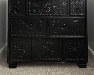 Hickory Chair Ebonized Hand-Carved Solid Maple Chest of Drawers. Adapted from a Ceremonial Chest at the Museum of New Mexico. Measures 44" W x 20" D x 40" H. Photo 1 of 4.