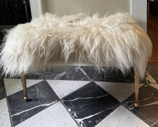 Mongolian Lamb Fur Upholstered Bench with Hammered Gilt Metal Legs. Photo 1 of 3.