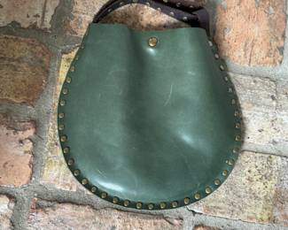 Green Leather Handbag with Brass Stud Trim.