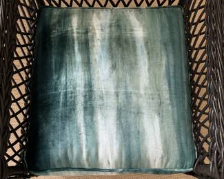 Ebony Wicker Arm Chair with Velour Ombre Blue / Green Upholstered Seat Cushion. Measures 32" W x 30" D x 40" H. Photo 4 of 5.
