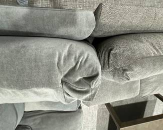 Three-Piece Moleskin Grey Upholstered Sectional Sofa with Contrasting Moleskin Grey Herringbone Fabric on Middle Section. Left Section Measures 116" x Middle Section Measures 154" x Right Section Measures 116". Photo 8 of 8.