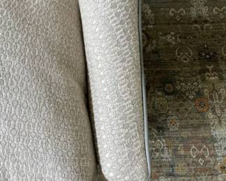 High-Back Down-Filled Settee Upholstered in Neutral Fabric with Light Grey Leather Trim. Measures 57" W x 34" D. Photo 4 of 4.