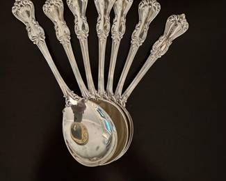 T3 - $250. 7 Sterling Soup Spoons - Monogrammed. (242 grams)
