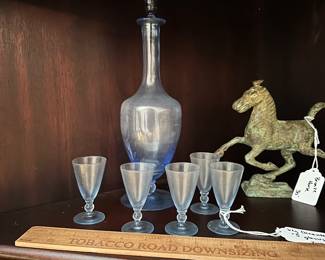 T74 - $20. Set of 5 vintage glasses & Blue Decanter. 