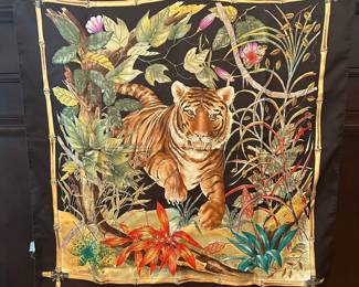 T52 - $150. Gucci Silk Scarf Tiger & Jungle. Measures 34" square. 