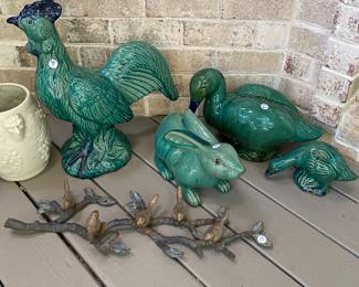 T28 - $30 rooster. $25 Rabbit. $35 duck & baby duck. $15 Bird Wall Hanging. 
