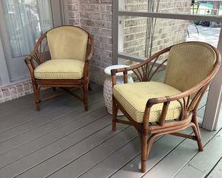 T24 - $175. Pair of Bent Bamboo Chairs. Good vintage condition. Seat cushions come off - back cushions are attached. 