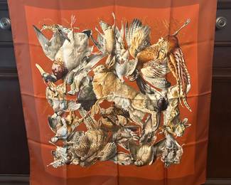 T51 - $125. Hermes Silk Scarf. Measures 35" square. "Gibieres H. De Linares"