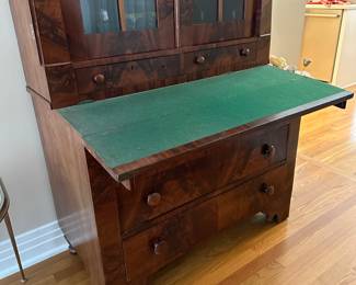T11 - $375. Antique Secretary Desk / Bookcase. Measures 20" deep x 45.5" wide at the top x 71.75" tall. Moves in 2 pieces. Overall very good antique condition. 