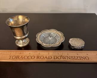 T208 - Left to Right. $75 - International Sterling  NH1 (Salt Cellar or Toothpick holder 70 grams) $25 - Sterling & Glass Jewelry Bowl, $45 - Compact (16 grams - 835 silver)