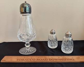 T109 - $20 Waterford Sugar Shaker. $8 Pair of Waterford Salt & Pepper. 