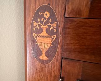 T9 - $395. Antique Corner Cabinet. Measures 36" across the front x 91" tall. Comes out from the corner 26.5".  Bottom right corner has a couple broken pieces of glass. Glass is original and is wavy. 