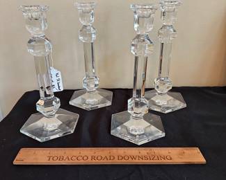 T114 - $80. Set of 4. Val St. Lambert crystal candlesticks. Measures 9.5" tall. 
