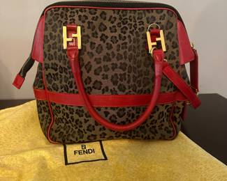 T44 - $450. Authenticated Fendi - with Certificate. Logo Leopard Print Nylon Satchel. 