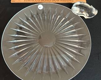 T115 - $20 Val St. Lambert Crystal Tray. Measures 11.75" wide. PENDING $10 Val St. Lambert Crystal cat paperweight. 