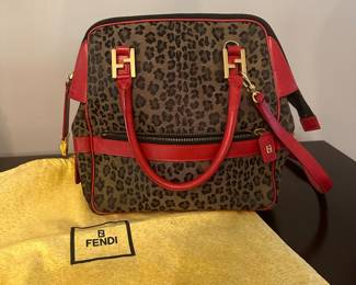 T44 - $450. Authenticated Fendi - with Certificate. Logo Leopard Print Nylon Satchel. 