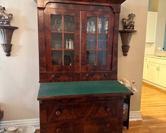 T11 - $375. Antique Secretary Desk / Bookcase. Measures 20" deep x 45.5" wide at the top x 71.75" tall. Moves in 2 pieces. Overall very good antique condition. 