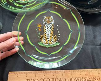 T150 - $10 each - 4 available. Lynn Chase Painted Tiger Plates. 2 with Lily flowers - 2 with Iris. 