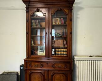 Antique American Renaissance Revival Carved Walnut Secretary Desk Bookcase