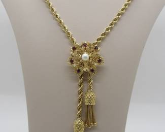 14ky Garnet and pearl necklace with tassels