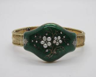 14k Pearl and rose cut green enamel bracelet