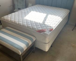 Queen size Serra bed with blue upholstered headboard $300.00