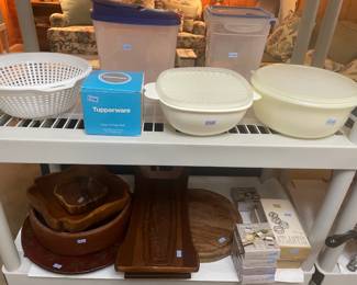  Tupperware, wood bowls and serving pieces