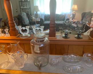 Glass Pitchers, and serving pieces, candle holders