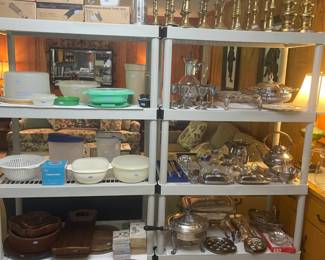Pampered Chef, Tupperware, Wood, paper products, Brass, Silverplate and serving dishes