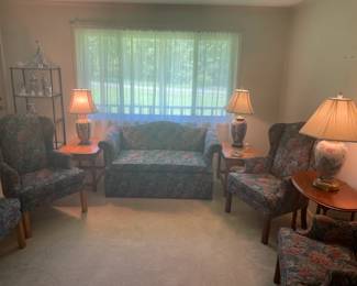 Rich Floral Loveset and Wingback Chairs.                                           Loveseat 53"w 30"d 32.5"t  $ 150.00