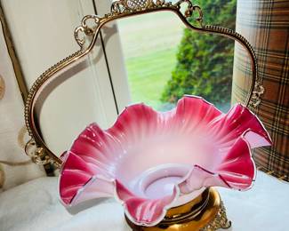 Victorian rose pink ruffled glass brides bowl