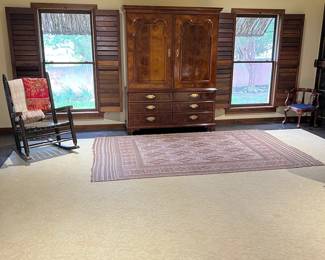 oversized rocking chair, Henredon "Aston Court" armoire, wood corner side chair, woven area rug (6' x 9.5')