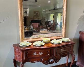 antique French gilt mirror, Century "Chardeau" side table, Bordallo Pinheiro plates/bowls