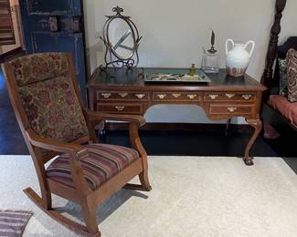 wood upholstered rocking chair, Henredon mahogany executive desk with leather inserts