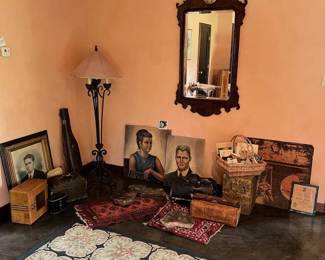 vintage portraits, leather bags/gun case, Henredon mirror