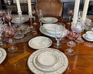 Noritake "Edgewood" china set, Colony Crystal Ruby wine glasses, various crystal pieces