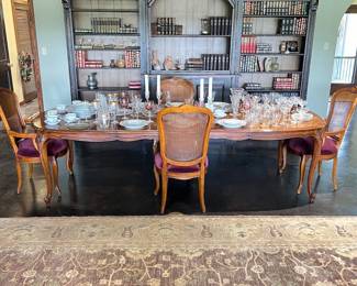 Century "Chardeau" dining table with leaves, cane back dining chairs