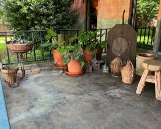 potted plants, antique wood dolly