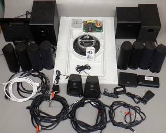 LOT ELECTRONICS INCLUDING LOGITECH, MINI COMPUTER SUBWOOFERS, CABLES, STEALTH ACOUSTIC IN WALL SPEAKER AND MORE