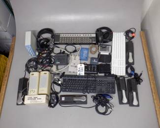 BOX ELECTRONICS INCLUDING M BOX WITH ADAPTER, MACKIE UNITY GAIN COMBINER AND MORE