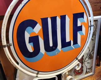 Gulf Double sided Porcelain Sign with original ring.  some touch ups