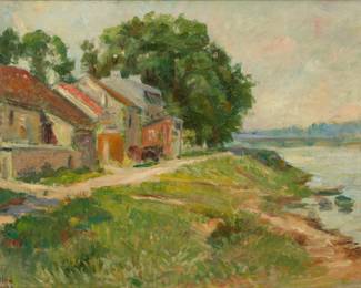 Lot 2006
Charles Billon (Swiss, 19th/20th C.) Oil on Canvas, 1925, "Riverside Village", H 15" W 21.75"