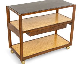 Lot 1029
Edward Wormley (American, 1907-1995) for Dunbar, Slate Top Rosewood Bar Cart, H 30" W 37" Depth 18"