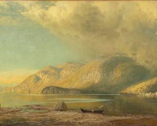 Lot 1005
James Fairman (American, 1826-1904) Oil on Canvas, 1885, "View of the Upper Hudson River at Storm King", H 31" W 72"