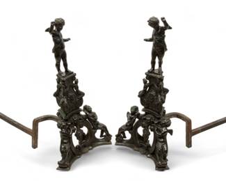 Lot 1046
Pair of Italian Rococo Style Bronze Patinated Andirons, H 40" W 20" Depth 13"