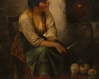 Lot 2011
J.L. Ronay (French) Oil on Canvas Mounted to Board, Ca. 1900, "Peasant Girl Peeling Turnips", H 30" W 24"