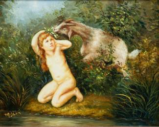 Lot 2003
Oil on Wood Panel, Late 20th C., "Child And Goat", H 8" W 9.5"