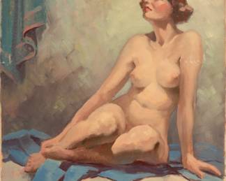Lot 2008
American Oil on Canvas Board, Ca. Mid 20th C., "Seated Female Nude", H 20" W 16"