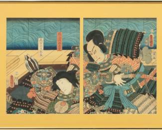 Lot 2017
Utagawa Kunisada (Toyokuni Iii) (Japanese, 1786-1864) Woodcuts on Paper, 19th C., "Eiyu Koko Ni Yorimasa: Diptych", H 12.6" W 19.75"